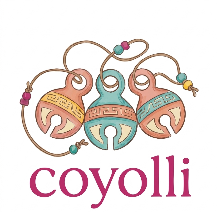 Coyolli, trois grelots de terre cuite et de turquoise reliés par un fil